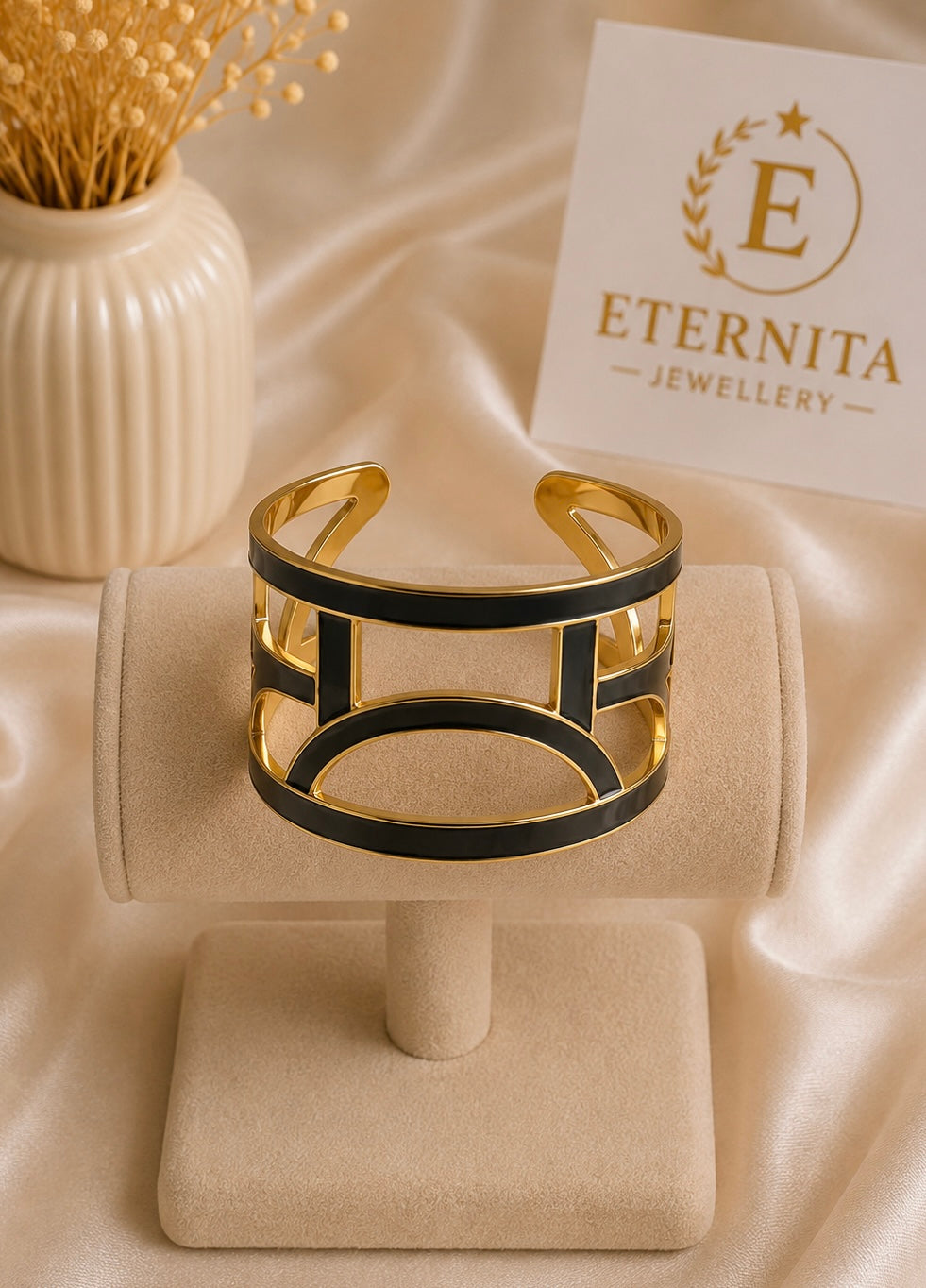 Bracelet Manchette Géométrique Noir & Doré