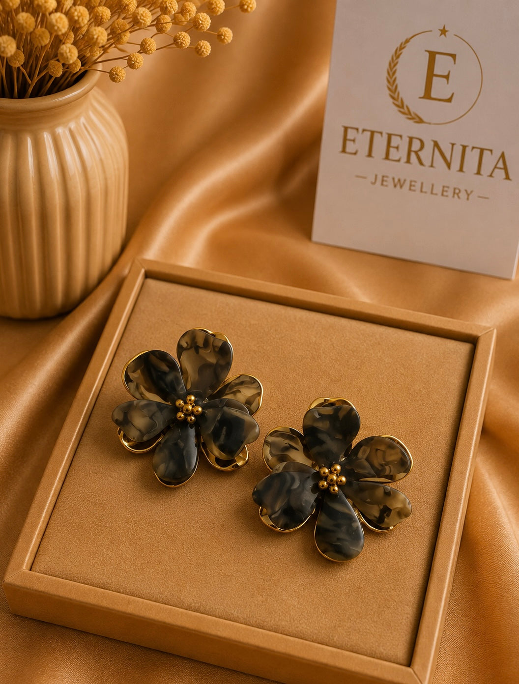 Boucles d’Oreilles Fleur Vert Dorée