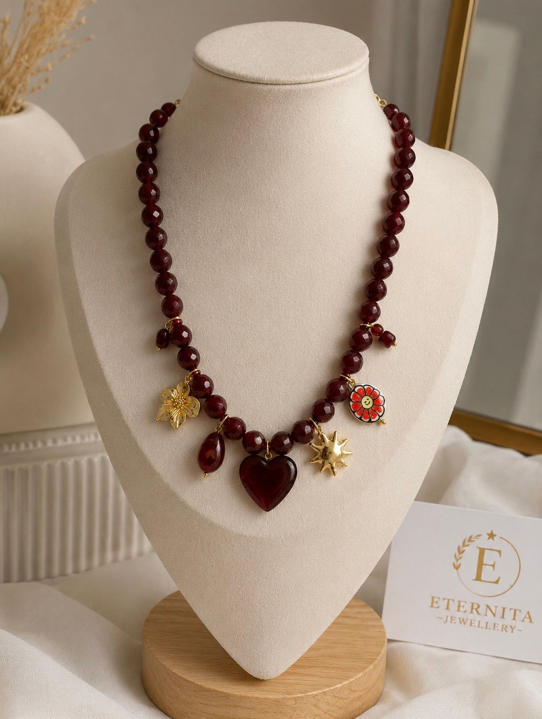 Collier Perles Bordeaux & Cœur