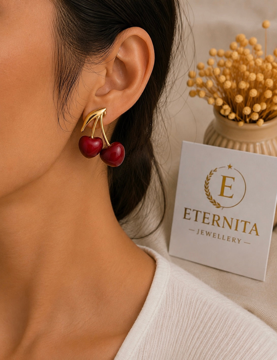 Boucles d’Oreilles Cerises Bordeaux Dorées