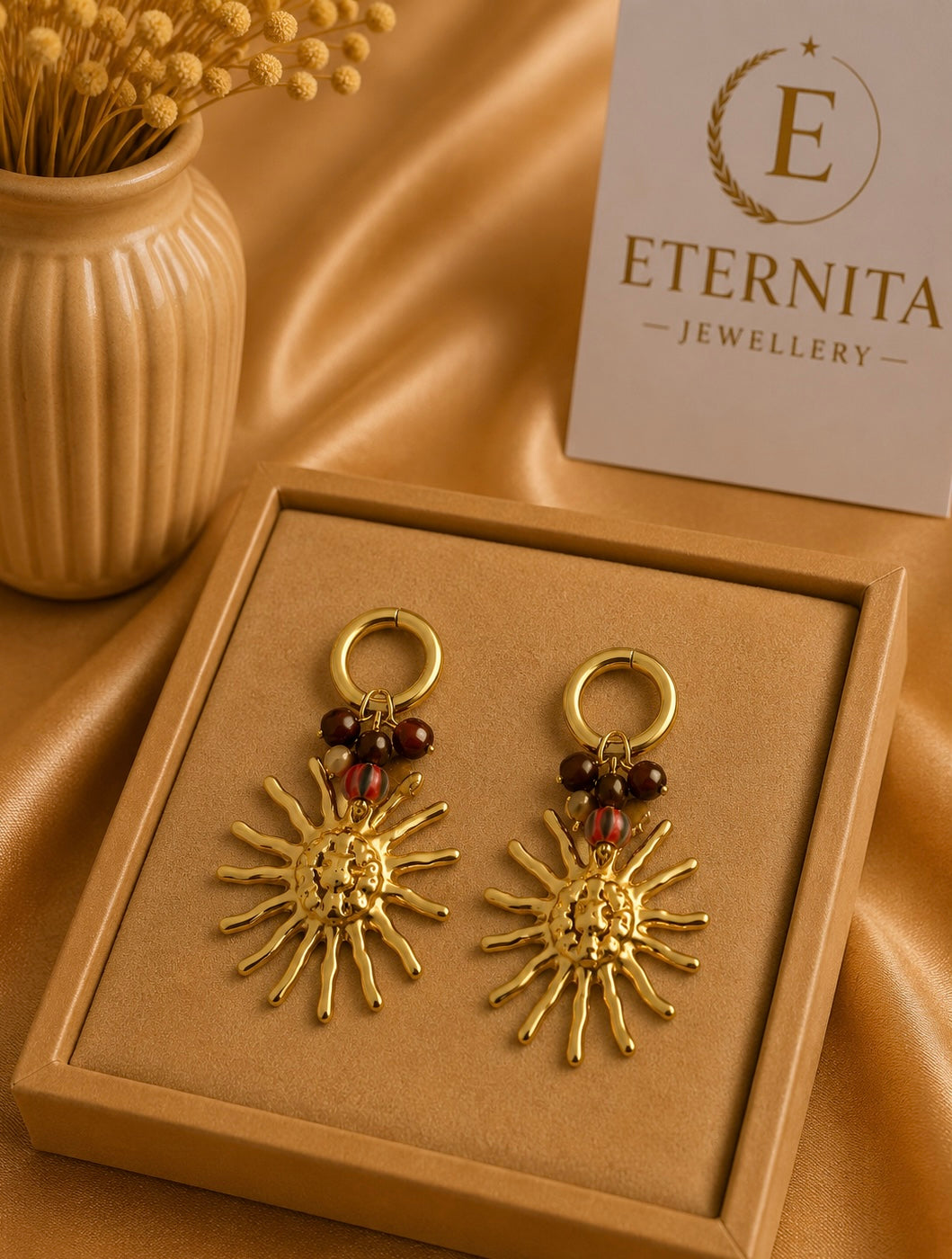 Boucles d’Oreilles Soleil Doré & Perles Bordeaux