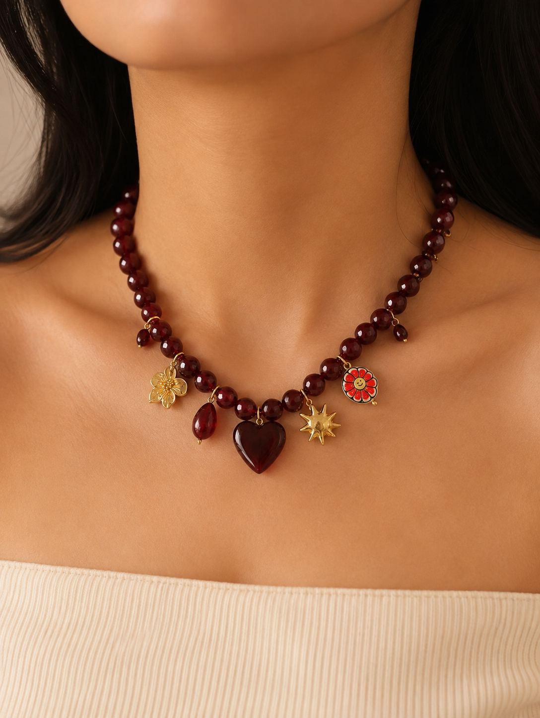 Collier Perles Bordeaux & Cœur