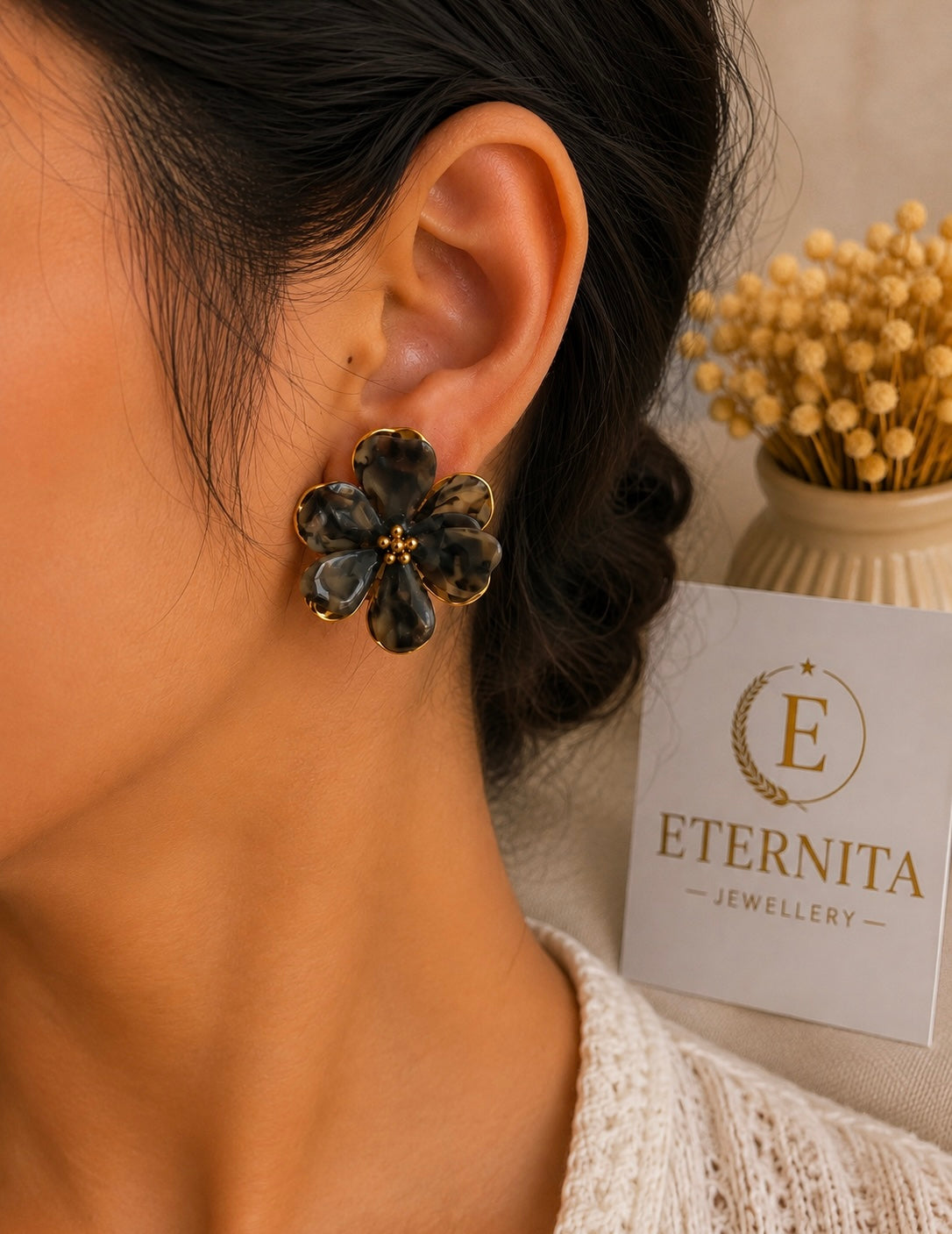 Boucles d’Oreilles Fleur Vert Dorée