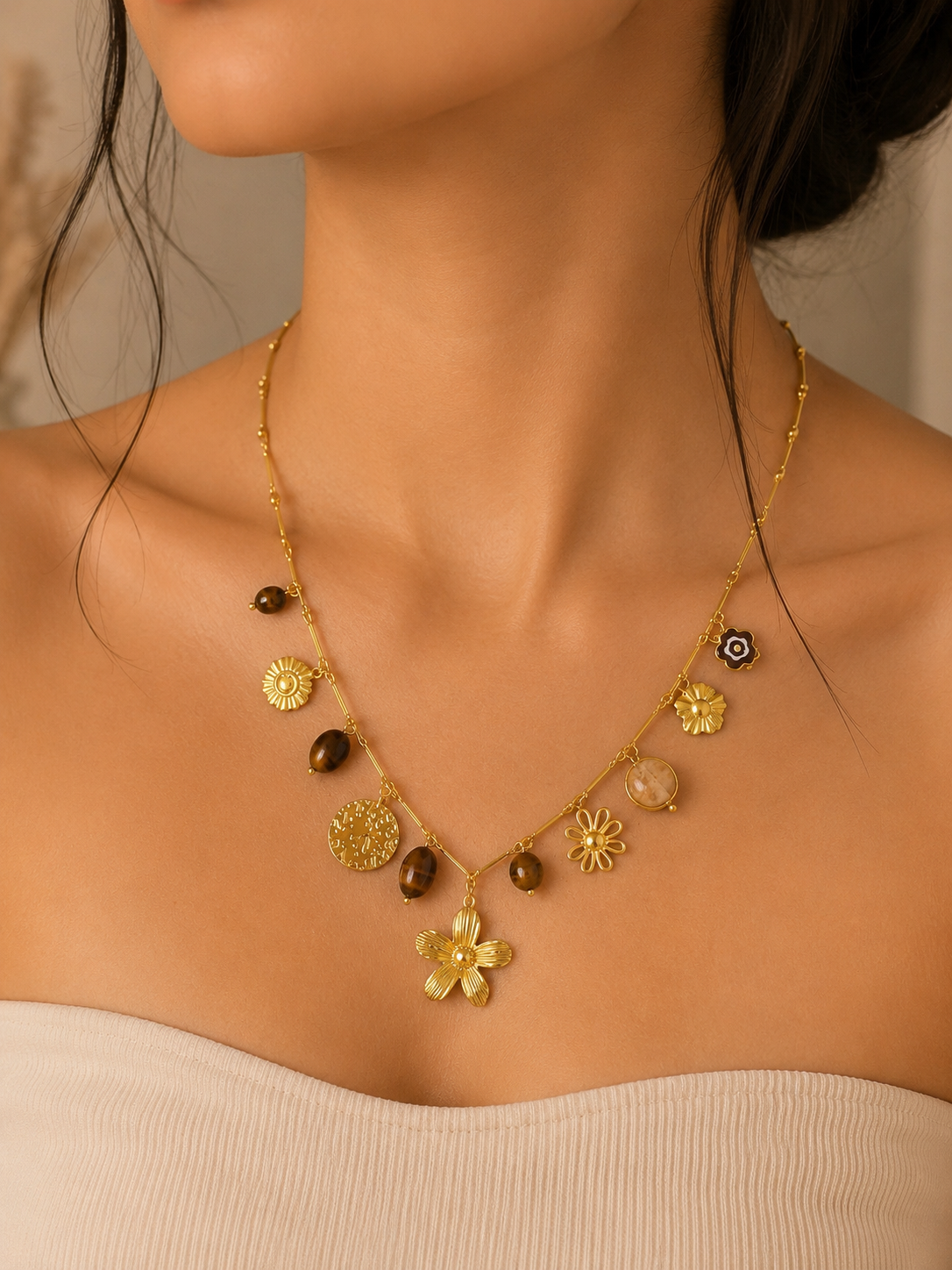 Collier Fleurs & Pierres Doré