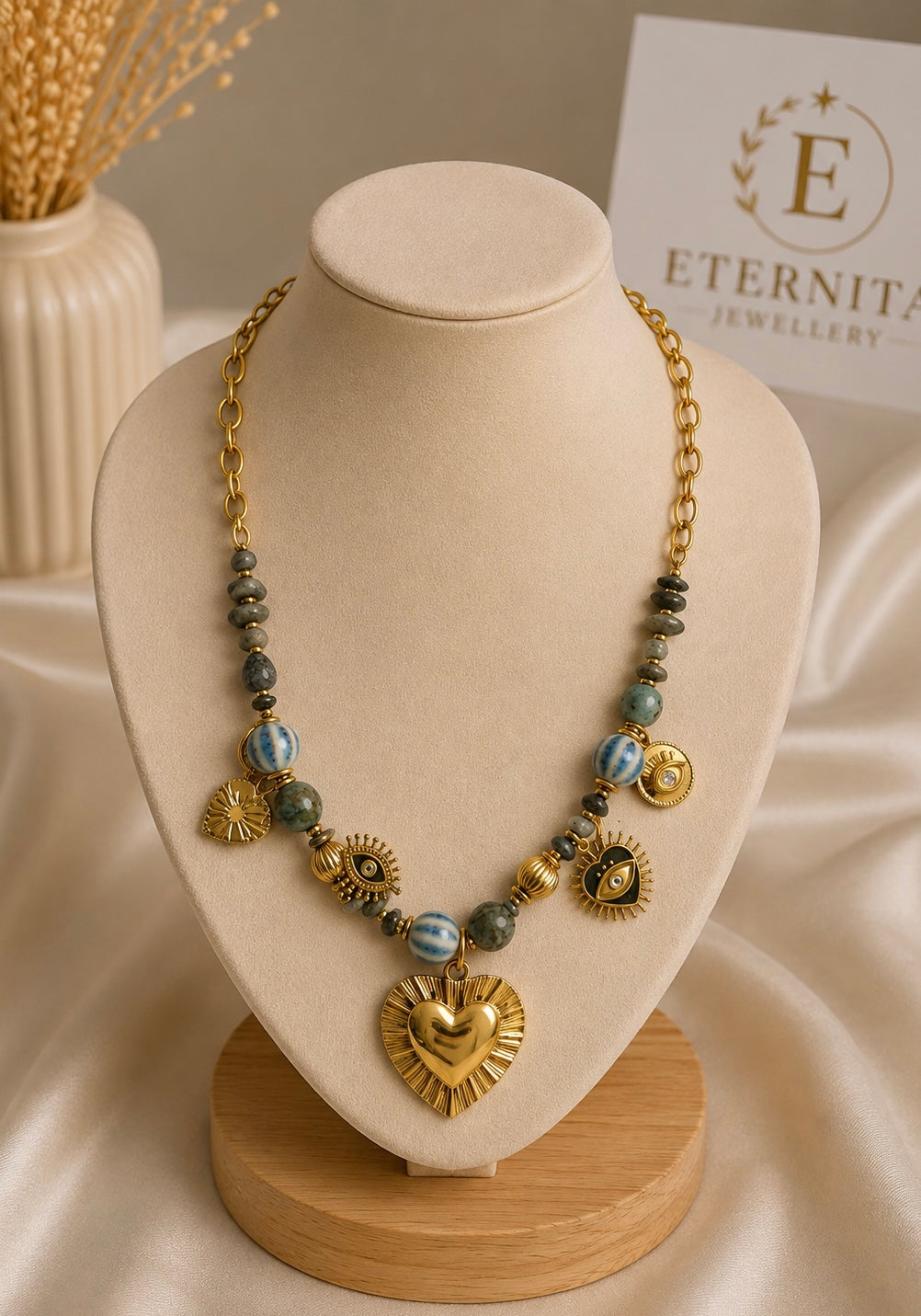 Collier Cœur & Œil Bleu Doré