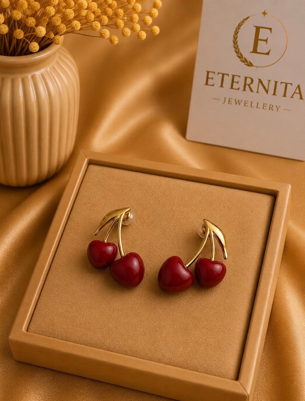 Boucles d’Oreilles Cerises Bordeaux Dorées