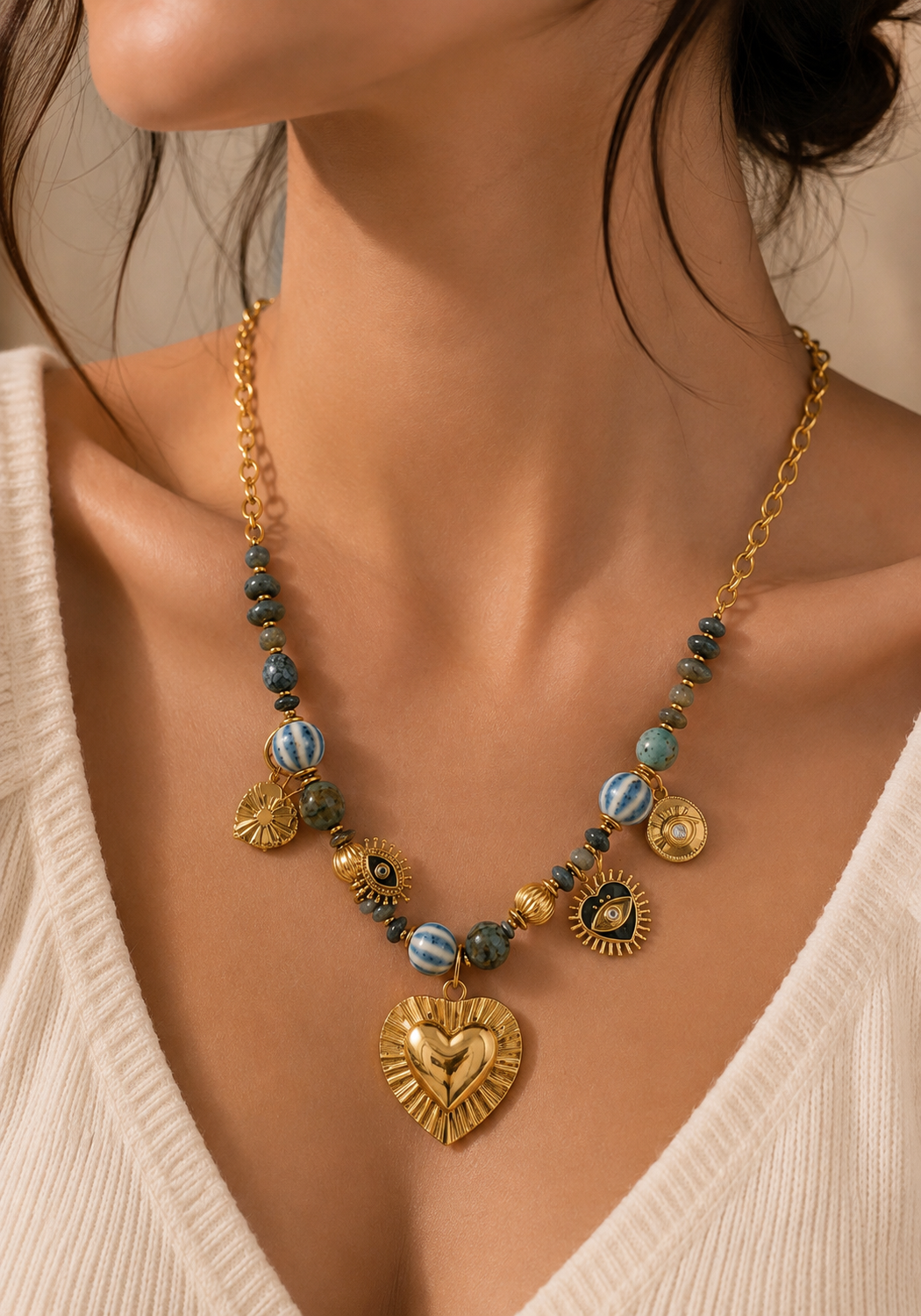 Collier Cœur & Œil Bleu Doré