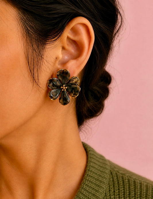 Boucles d’Oreilles Fleur Vert Dorée