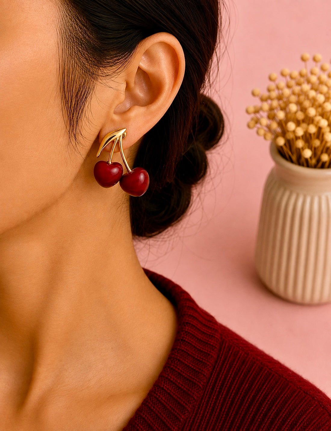 Boucles d’Oreilles Cerises Bordeaux Dorées